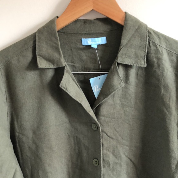 Olive green linen blend long sleeve overshirt - Picture 2 of 7
